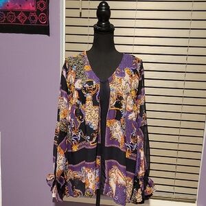 Ashley Stewart Black Graphic Blouse Relaxed Fit